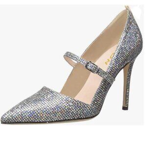 YDN Silver Glitter Pointy Toe High Heels Mary Jane Pumps with Buckle Party Shoes